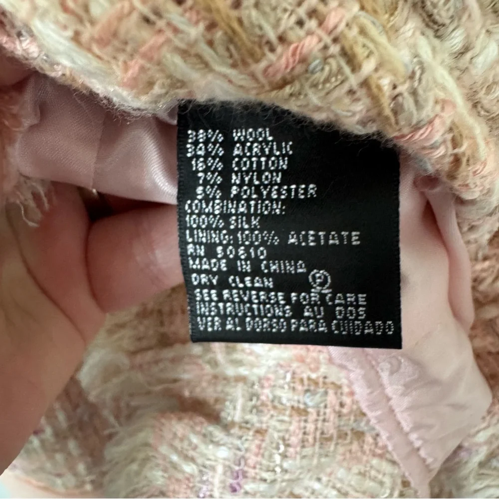 Vintage Albert Nipon Coral Pink Tweed Jacket Size 8 Wool Silk Accents Floral Pin - Picture 16 of 16